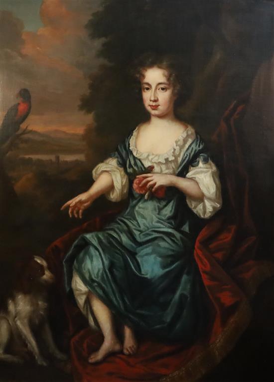 Circle of Sir Peter Lely (1618-1680) Portrait of a child seated beside a spaniel, a perched parrot and landscape beyond 49.5 x 39in.